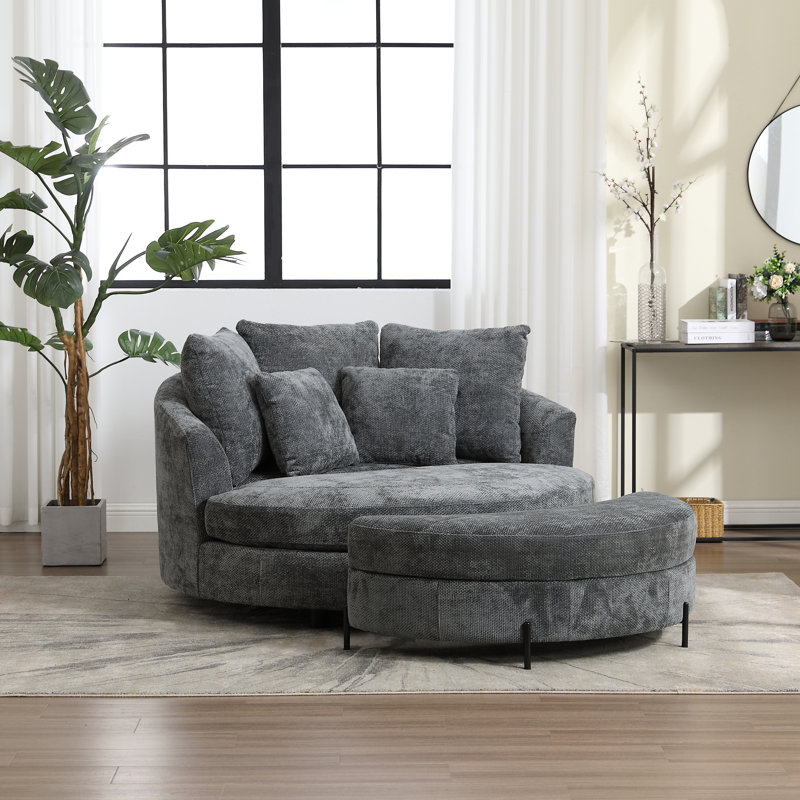 Upholstered Barrel Chair With Ottoman, Gray Chenille