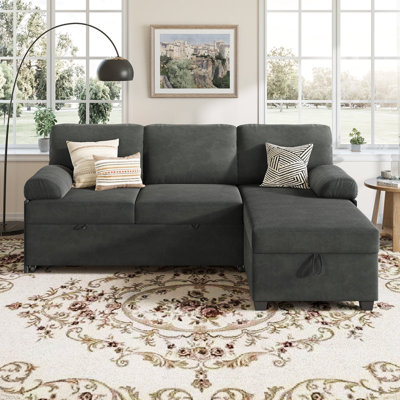 80" Corduroy Upholstered Sleeper Sofa with Storage Chaise & Pull-Out Bed, Dark Gray Corduroy