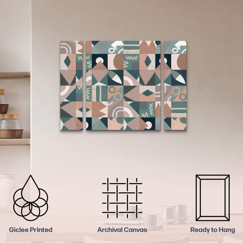 Ensemble de 3 panneaux muraux - Petit doyen «The Mid Century Grid Motif», art mural sur toile pour le salon, la chambre ou le bureau 