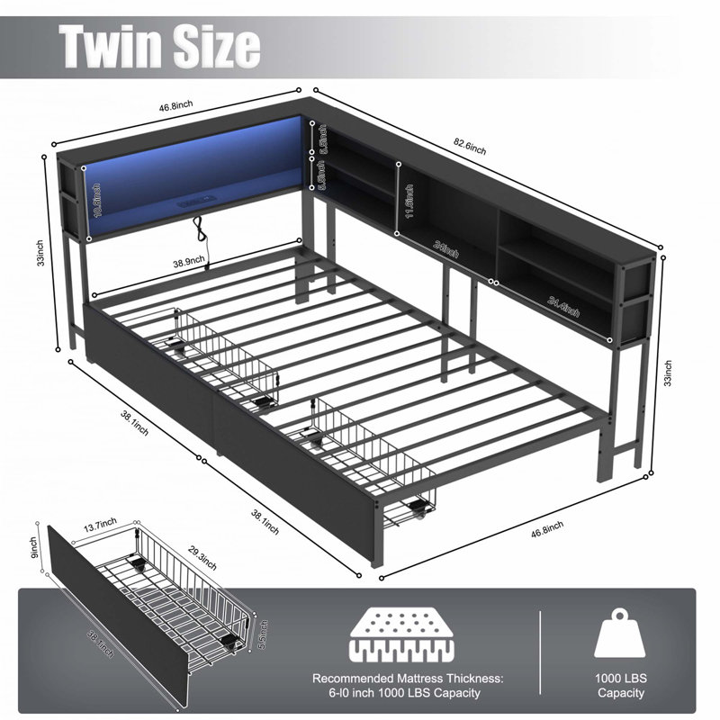 Twin Daybed with Bookcase,Charging Station and LED Light, Black, Twin