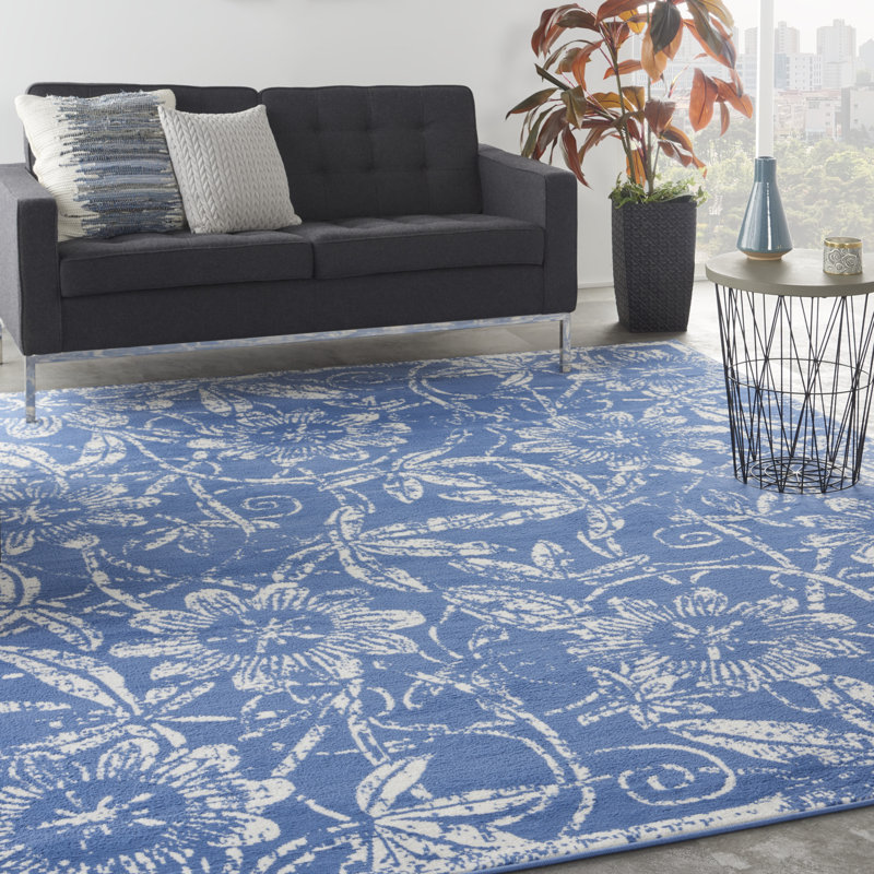 Tapis floral bleu en polypropylène tissé à la machine, Rectangle 8 pi 4 po x 11 pi 6 po