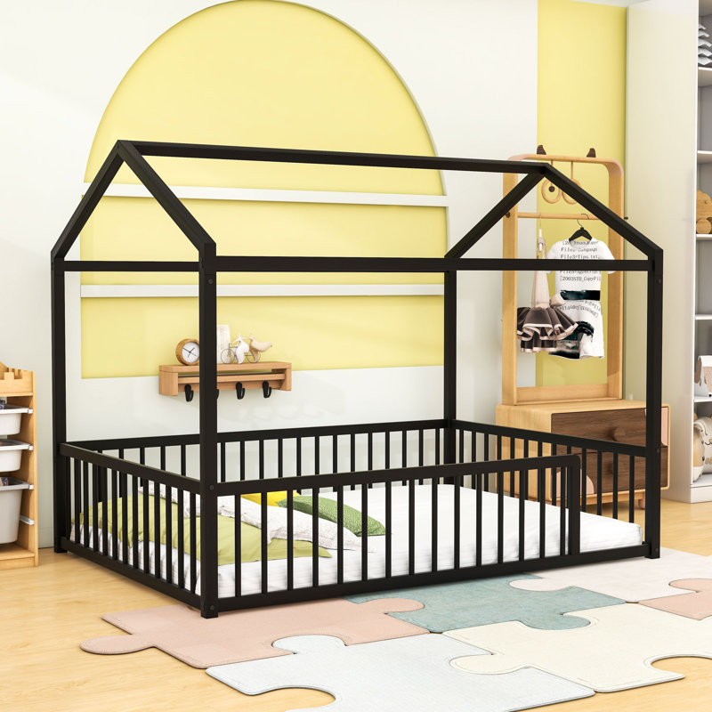 Metal Floor Bed With House Shaped And Fence, Full, Black