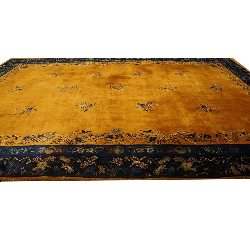 1920s Gold Open Field Floral Antique Chinese Art Deco Carpet 11'8" x 16'8" Rug