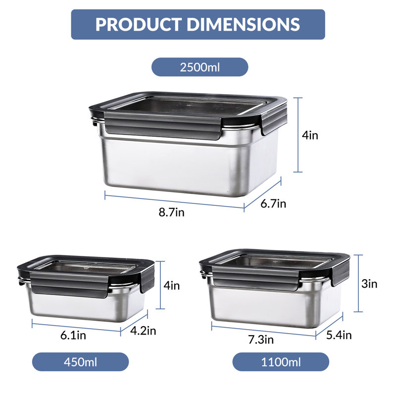 3 boîtes de rangement en acier inoxydable 304 avec couvercles, 2 500 ml + 1 100 ml + 450 ml, joint d'étanchéité en silicone, bord droit, noir, réutilisables pour repas