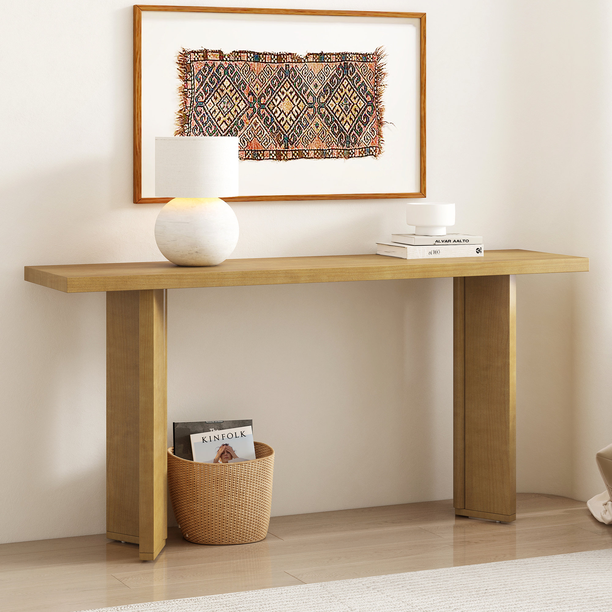 George Oliver Stylish Console Table with Pine Veneer and Geometric Legs ...