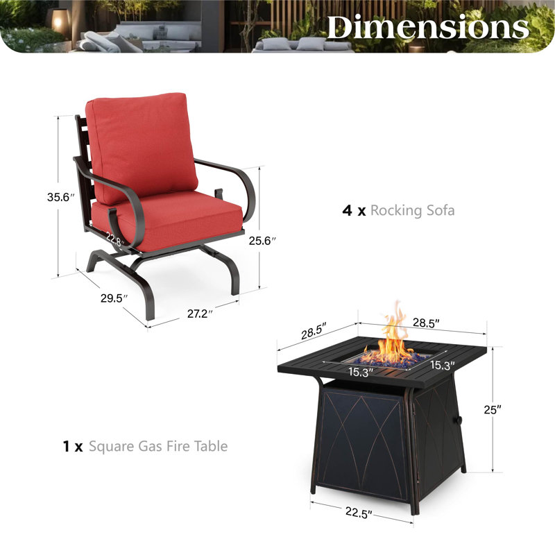 4 - Person Rocking Metal Seating Group With Fire Pit Table, Red