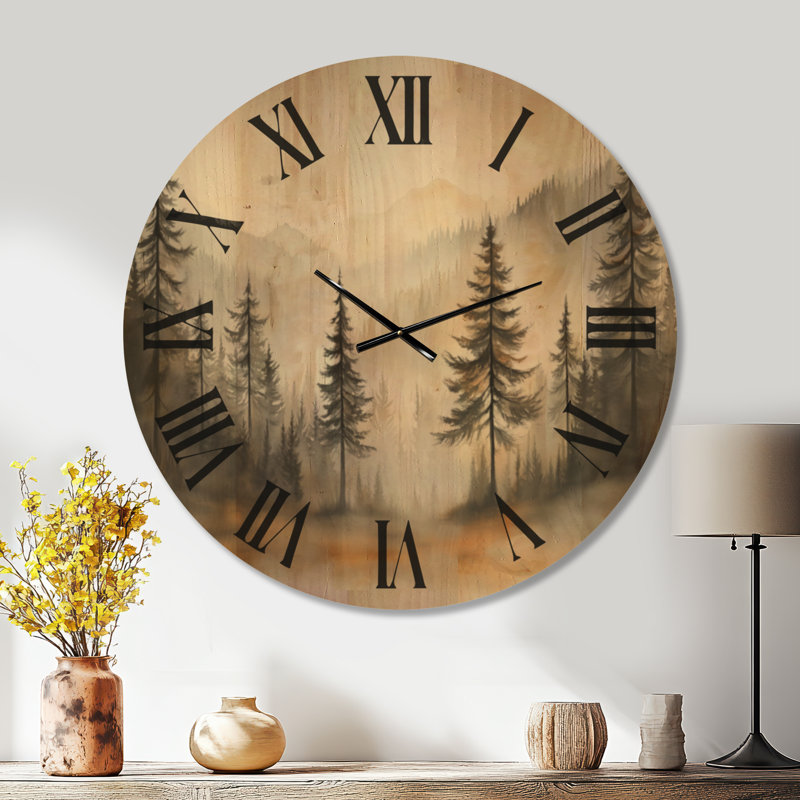 Forêt de pins Golden Mist I - Horloge murale rustique ronde en bois, Très grand