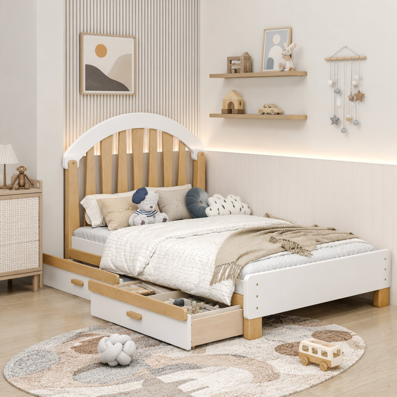 Lit plateforme simple avec tiroir de rangement et tête de lit ronde, Twin, Naturel, blanc