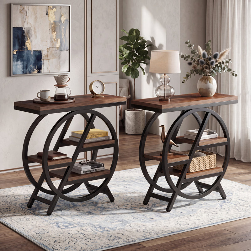 Ensemble de 2 tables de bout pour le salon, table d'appoint étroite en bois avec rangement et cadres en métal, Brun