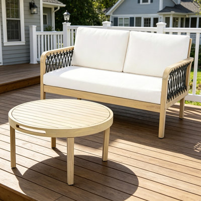 Ensemble de causeuse et table basse d'extérieur en bois d'acacia avec corde tissée à la main
