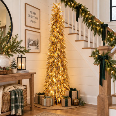 Arbre de Noël illuminé 5 pi avec 5 lumières DEL blanc chaud, support pliable et 2 options de style pour les Fêtes