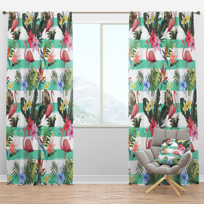 Tropical Botanicals, Flowers And Flamingo - Mid-Century Velvet Curtain - Room darkening - 1 panel