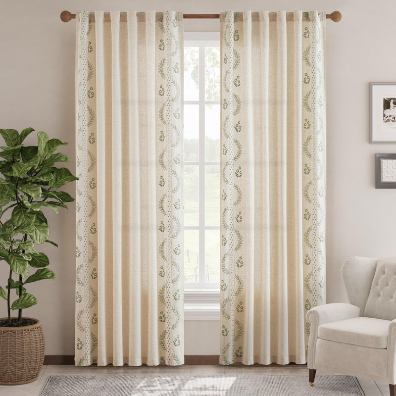 Linen Blend Embroidered Curtains Farmhouse Flower Patterned Curtains for Bedroom, Sage, 50" W x 84" L