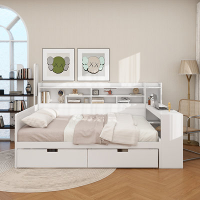Wooden Full Size Daybed With Storage Shelves, Multi-Functional Bed With Two Storage Drawers And Study Desk, Antique White
