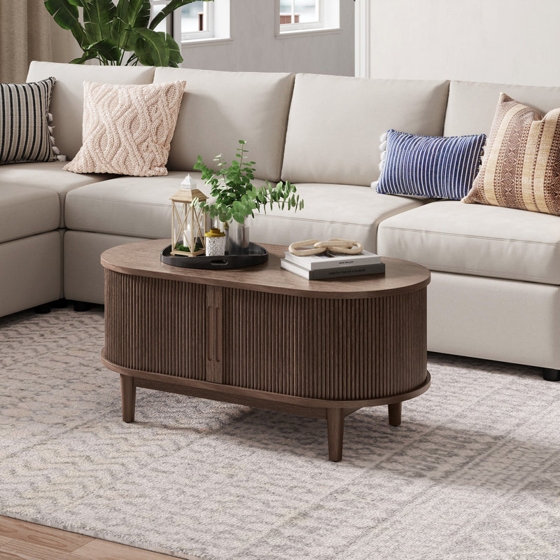 Table basse cannelée avec rangement Leathia, Marron foncé