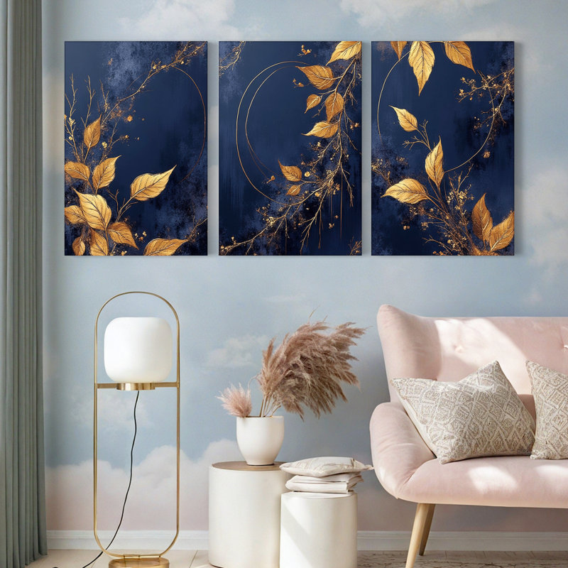 Feuilles d'or sur toile bleu marine, art floral abstrait (ensemble de 3), H 24 po x l 48 po