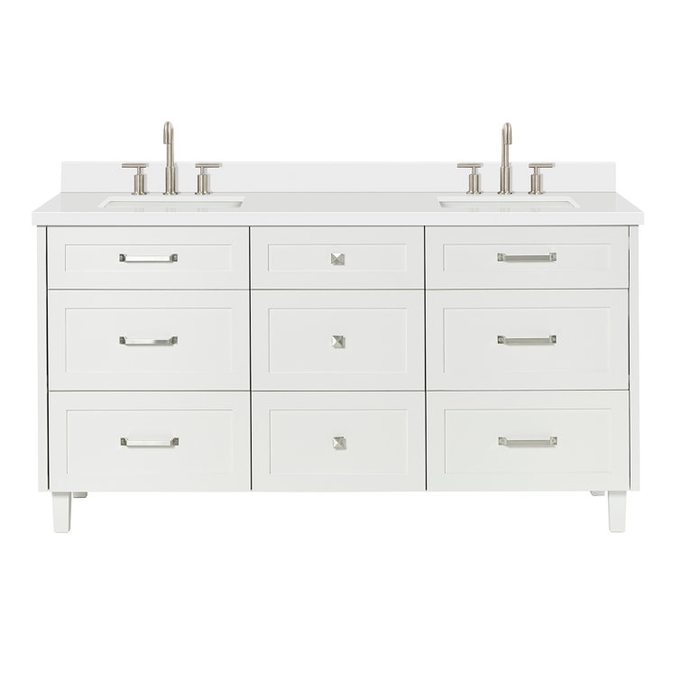 Ariel Monroe 67 Inch Double Rectangular Sink Bathroom Vanity With Pure White Quartz Countertop In White
