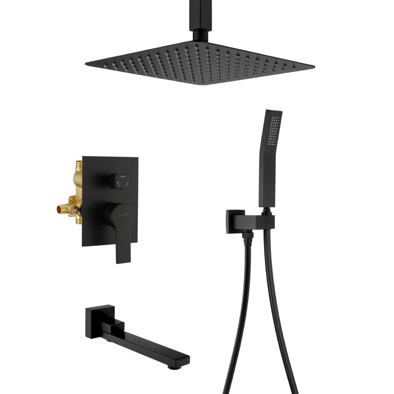 Le système de douche de pluie de plafond avec bec de baignoire 3 fonctions de robinet de douche contient une pomme de douche de 10 pouces et un ensemble de garniture de douche à main, cartouche de valve incluse