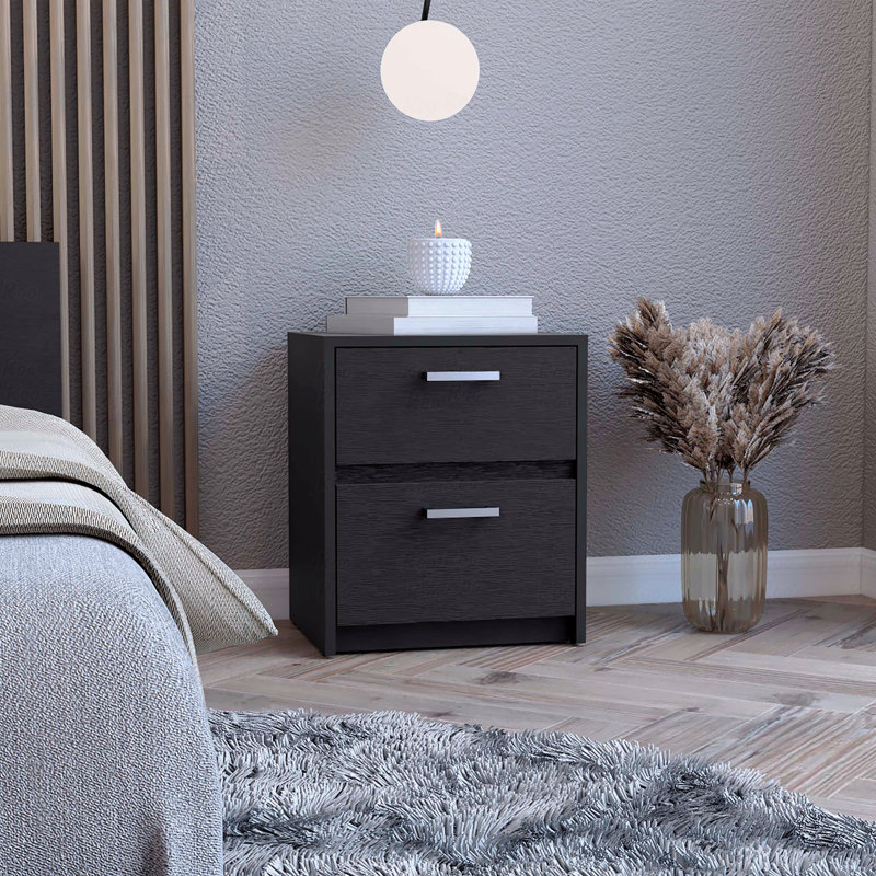2 Drawers Nightstand, End Table, Side Table Metal Handles -Black, Black