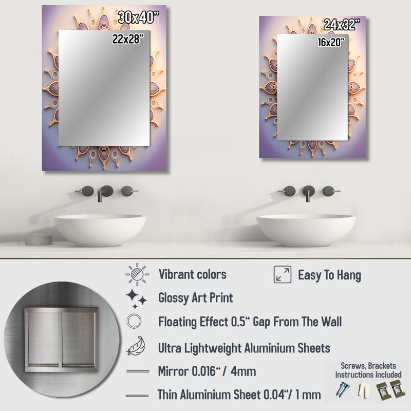 Ethereal fractal mandal en mauve et jaune I - Boho Mandala unique miroir, grand miroir mural traditionnel, impression d'art en métal