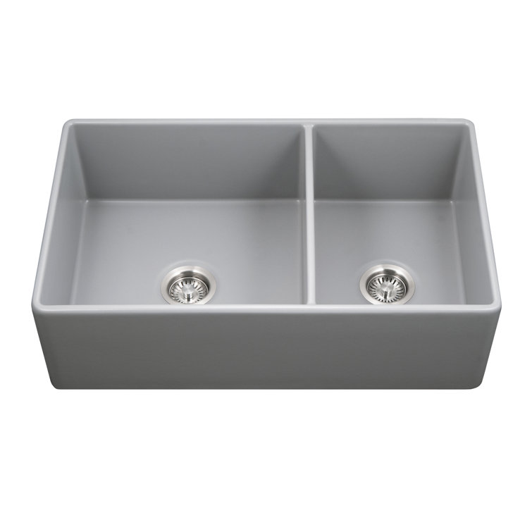 Houzer 33 in Fireclay Apron Front 60/40 Double Small Right Sink w/ Strainer,Grids