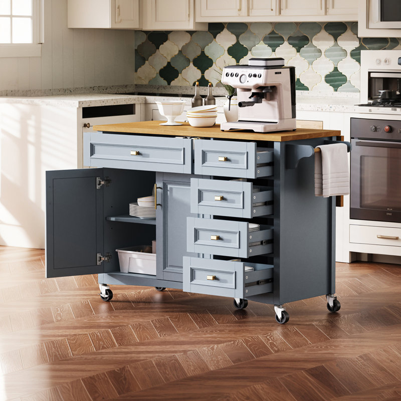 52" Rolling Kitchen Island with Oak Wood Drop Leaf, 5 Drawers and Storage Cabinet, Blue