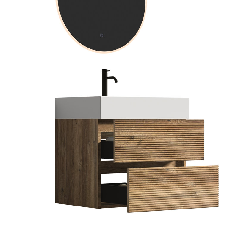 Meuble-lavabo mural, aspect chêne brut, lavabo en quartz blanc, tiroirs silencieux, finition à base d'eau E0, meuble-lavabo moderne de 23,78 po de hauteur avec panneau grillagé, trous de drainage en U,