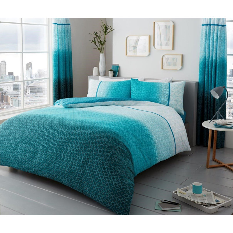 Geometric Polycotton Duvet Cover Set with Matching Pillowcases - Soft, Durable, Comfortable Unisex Bedding, Teal, King