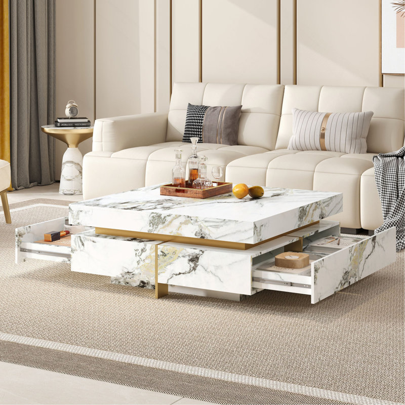 Table basse moderne carrée texturée en marbre avec 4 tiroirs et base suspendue, blanc, 43,3 po