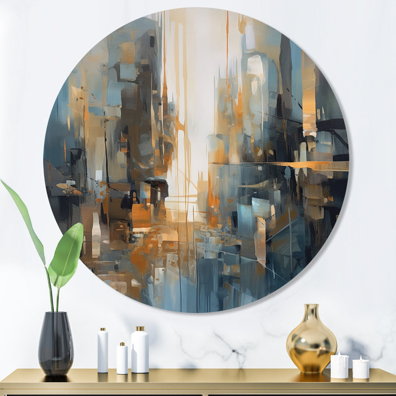 Mélange géométrique orange et bleu - art minimaliste abstrait en métal rond, H 36 po x l 36 po x P 1 po