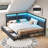 Corner Bed Frame With Led Light And Charging Station, Line Fabric Upholstered Bed With 2 Underbed Storage Drawers, Modern Daybed No Box Spring Needed/noise-free, Grey-1177235443