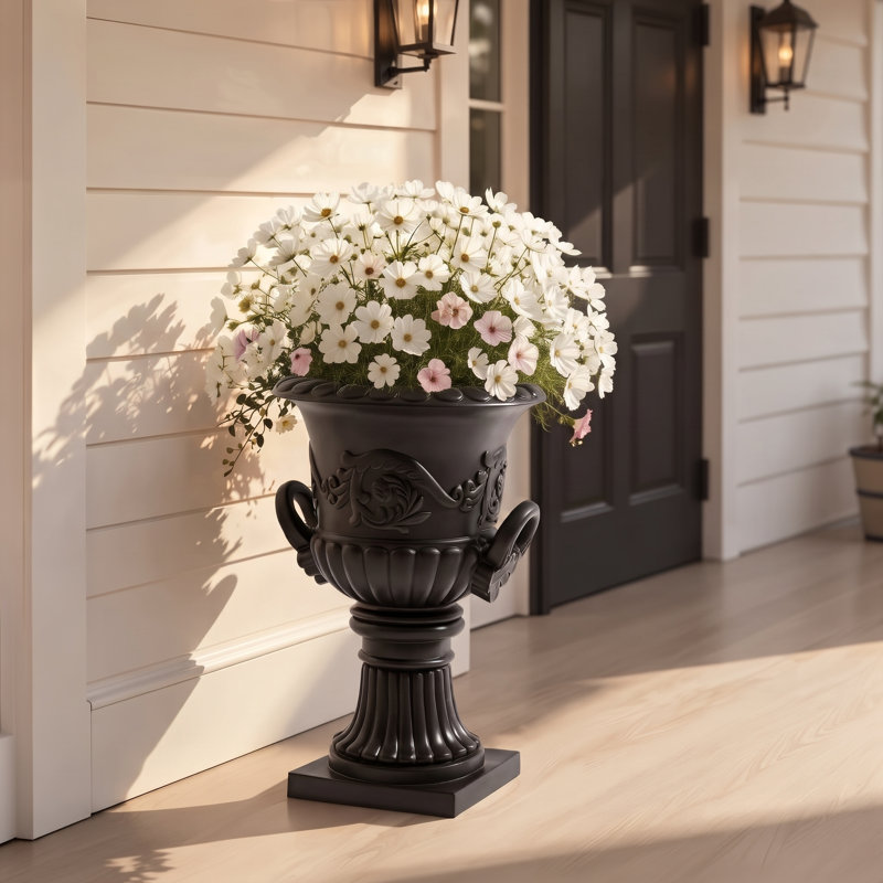 Classical Roman Style Pedestal Urn, Black Decorative Outdoor Planter
