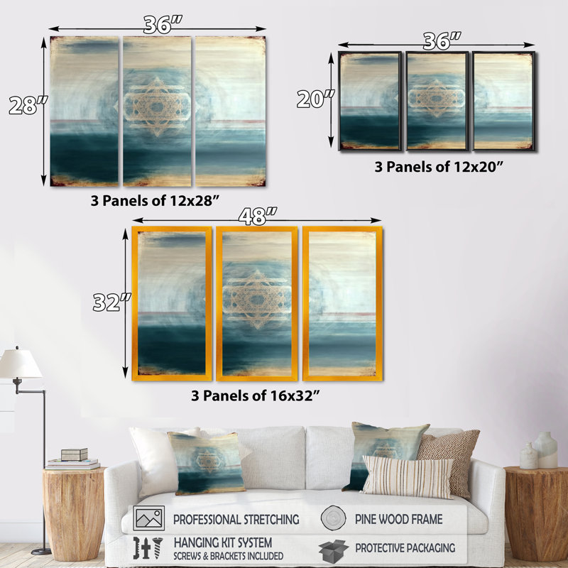 Fondamentaux motifs géométriques sacrés VI - 3 pièces sur toile, Toile avec cadre flottant noir, H 28 po x l 36 po x P 1 po