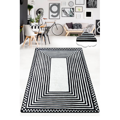 Stylish Black and White Area Rug, 30 x 48 Inches | 100% Polyester, 0.2-Inch Pile Height | Antibacterial, Non-Slip Underside, Machine Washable at 86°F | Perfect for Living Room, Bedroom, and Office Décor