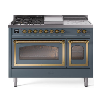 Cuisinière mixte ILVE Nostaglie II Série 48 Noblesse avec 5 brûleurs scellés, plaque de cuisson et plaque de cuisson française (gris bleu, garniture en laiton)