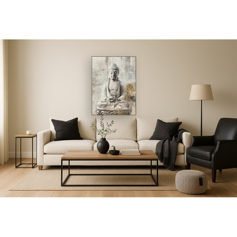 Bouddha tranquille avec décorations or texturées - 35 po x 47 po - cadre doré