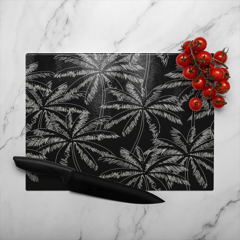 White Palm Trees On Glass Chopping Board, 40cm L x 28cm W