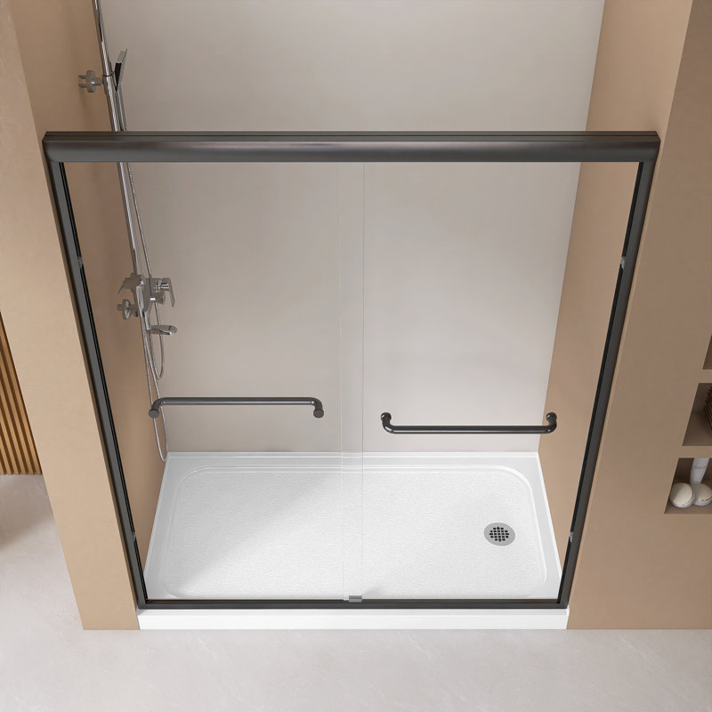 60" Single Threshold Shower Pan Base In White With Drain Assembly, Right