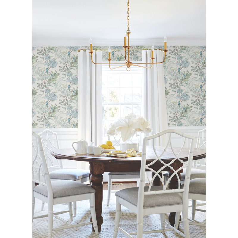 Handpainted Songbird Floral Peel & Stick Wallpaper Roll, Turquiose