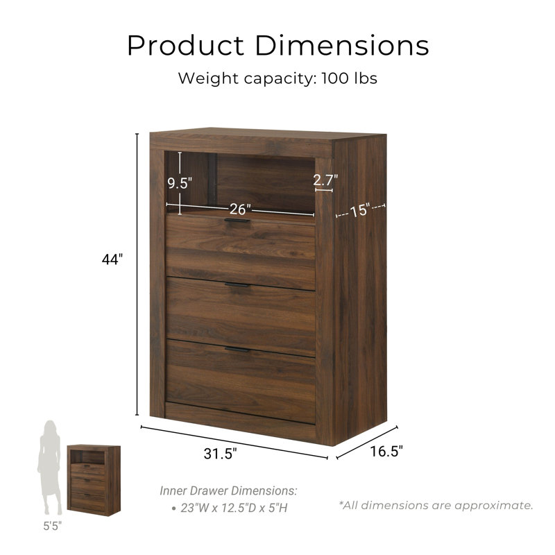 Commode 3 tiroirs avec tablette Hildebran, Brun