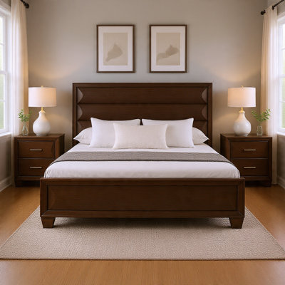 Queen Bedroom Set, Espresso Brown, Gold Wood, 3 Piece Set with 2 Nightstands