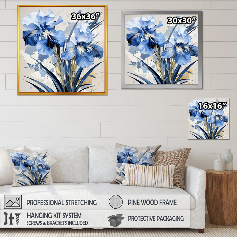Minimalisme, jardin bleu et blanc d'Iris I sur toile, Toile tendue, H 36 po x l 36 po x P 1,5 po