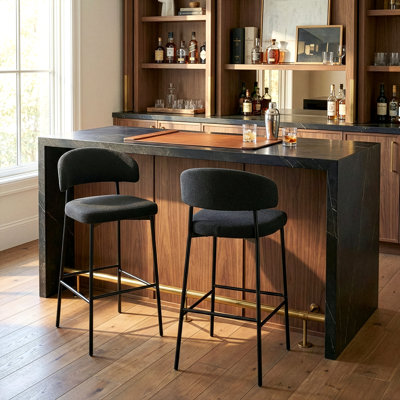 Set of 2 Jemison Boucle Upholstered Fabric Bar Stool with Black Iron Legs