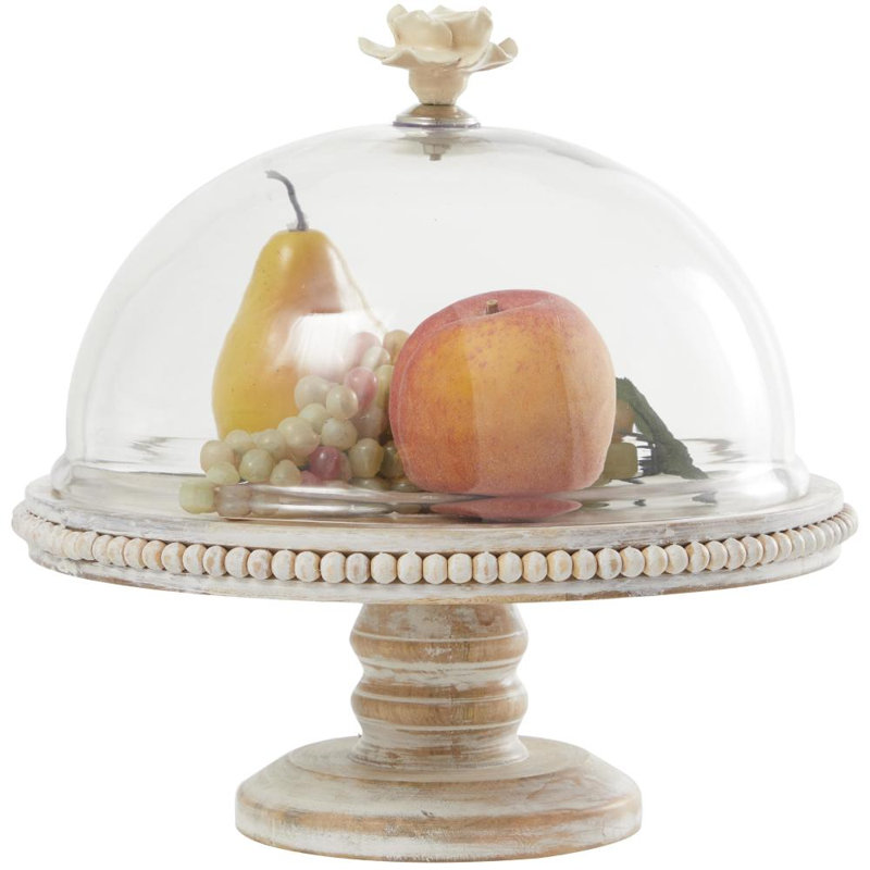 Mango wood cake stand with glass dome