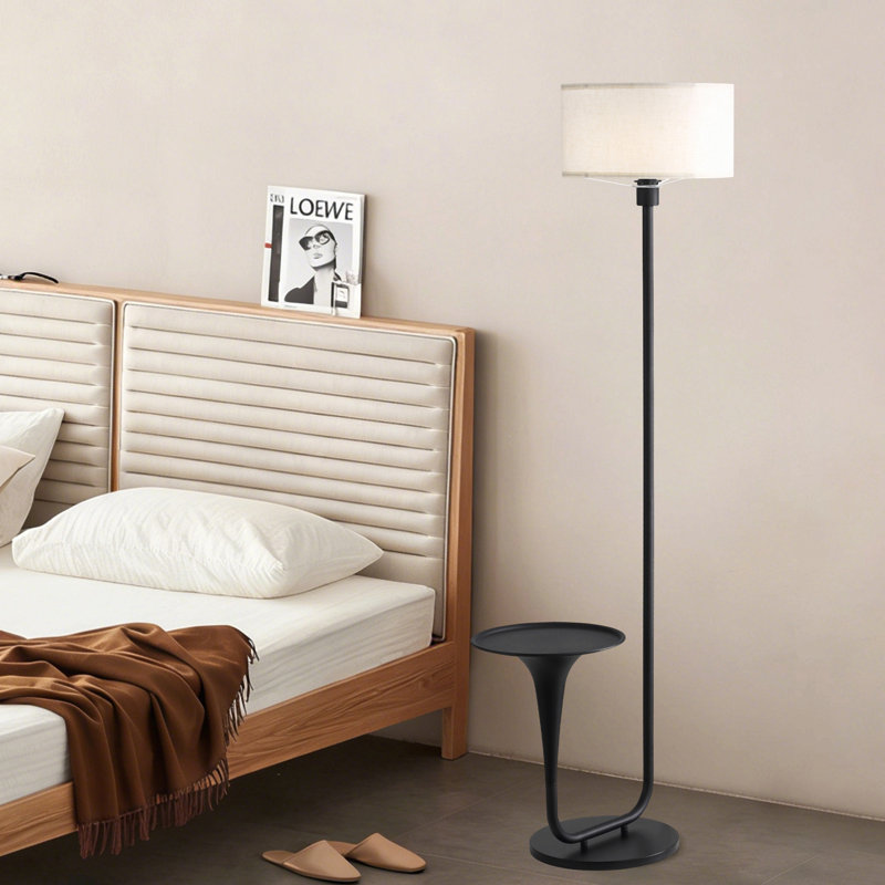 57.5" Vintage Black Metal with Side Table Remote Control Floor Lamp