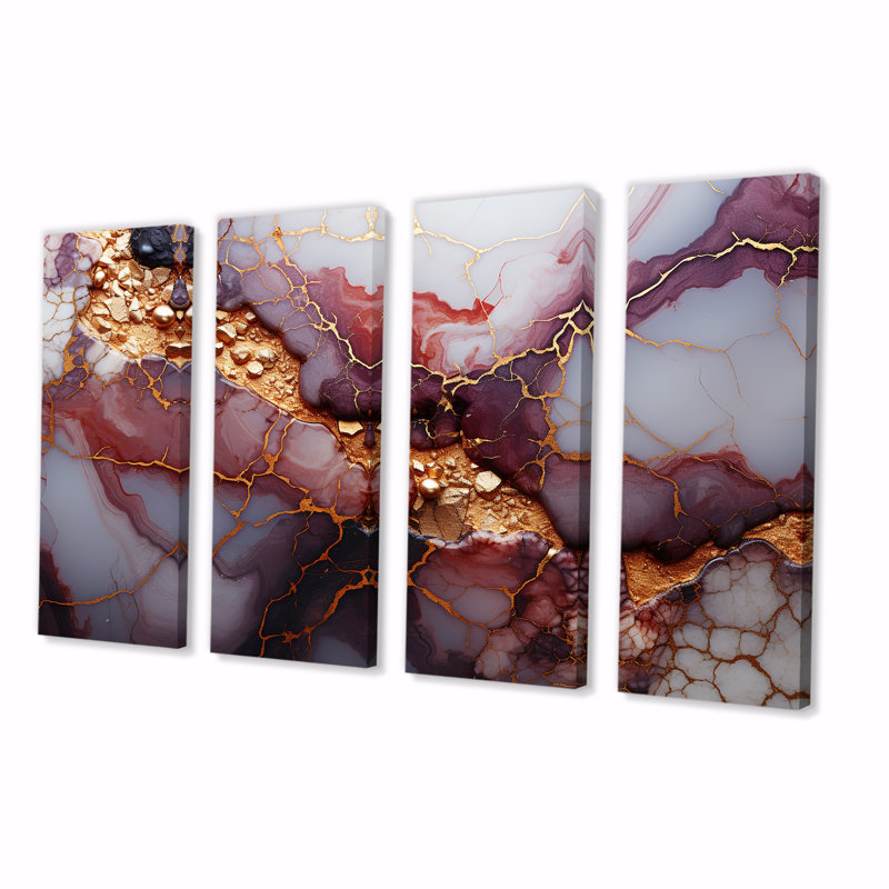 «Pink and Gold Marble River VII», ensemble d'art mural abstrait 4 pièces, H 32 po x l 64 po