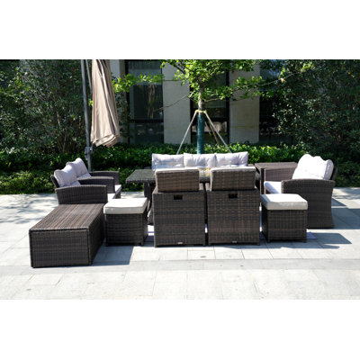 Leonard Wicker/Rattan 11 - Person Seating Group With Mixed Beige & Gray Cushions