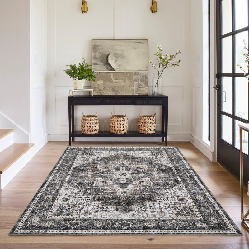 Machine Washable Vintage Rug Non Slip Rug Retro Floor Cover Foldable Carpet for Living Room Bedroom Playroom Dorm Home Office