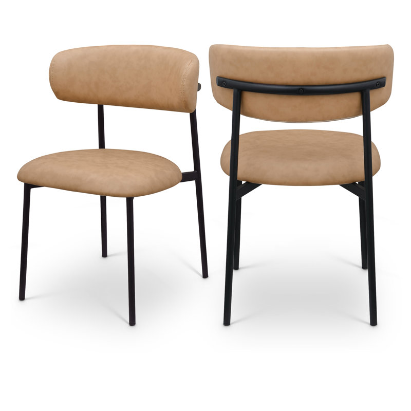 Chaise de salle à manger rembourrée Lupita, Noir mat, Cuir brun clair végétalien