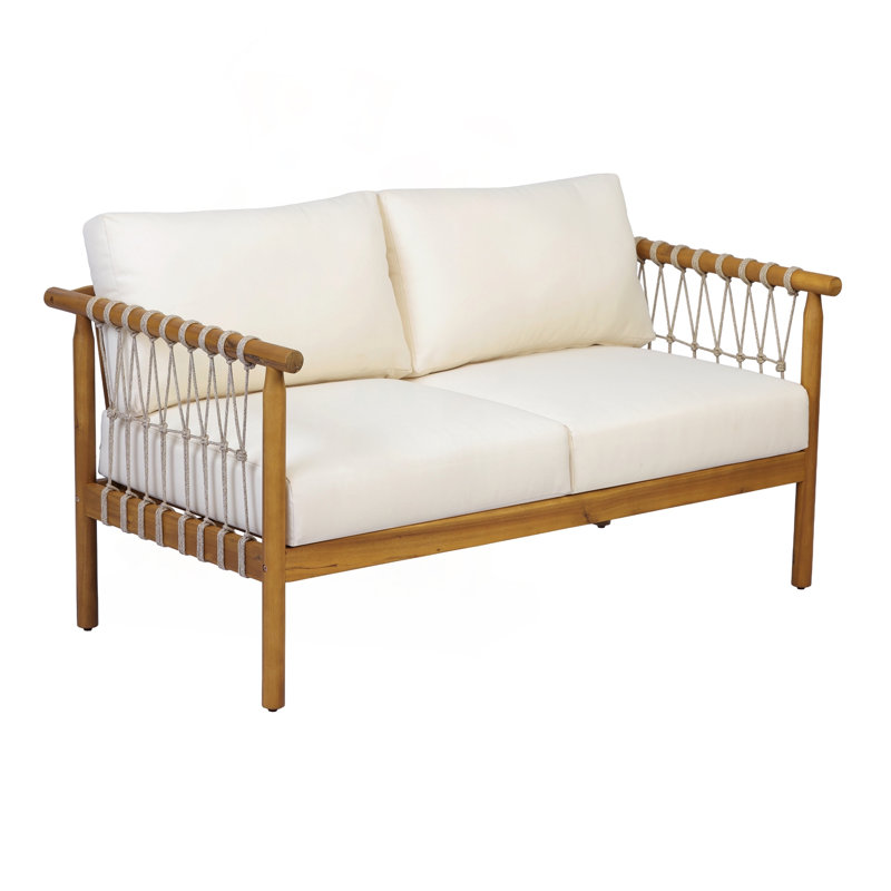 Causeuse d'extérieur surdimensionnée en bois d'acacia avec corde beige et coussins crème en teck, Teak